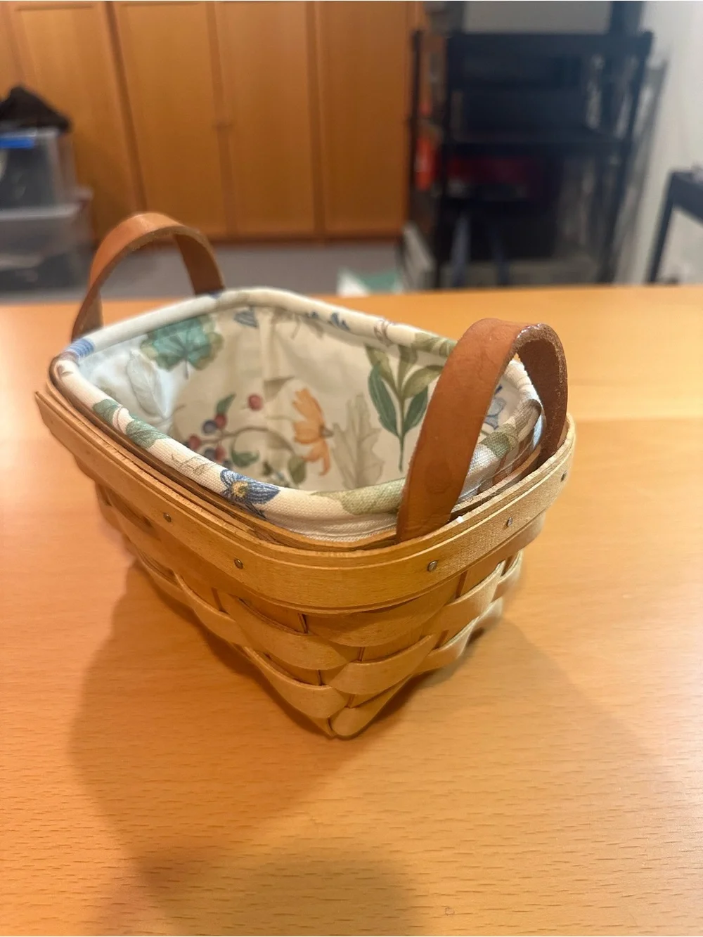 Longaberger Natural Woven Basket with Floral Liner and Brown Leather Handles